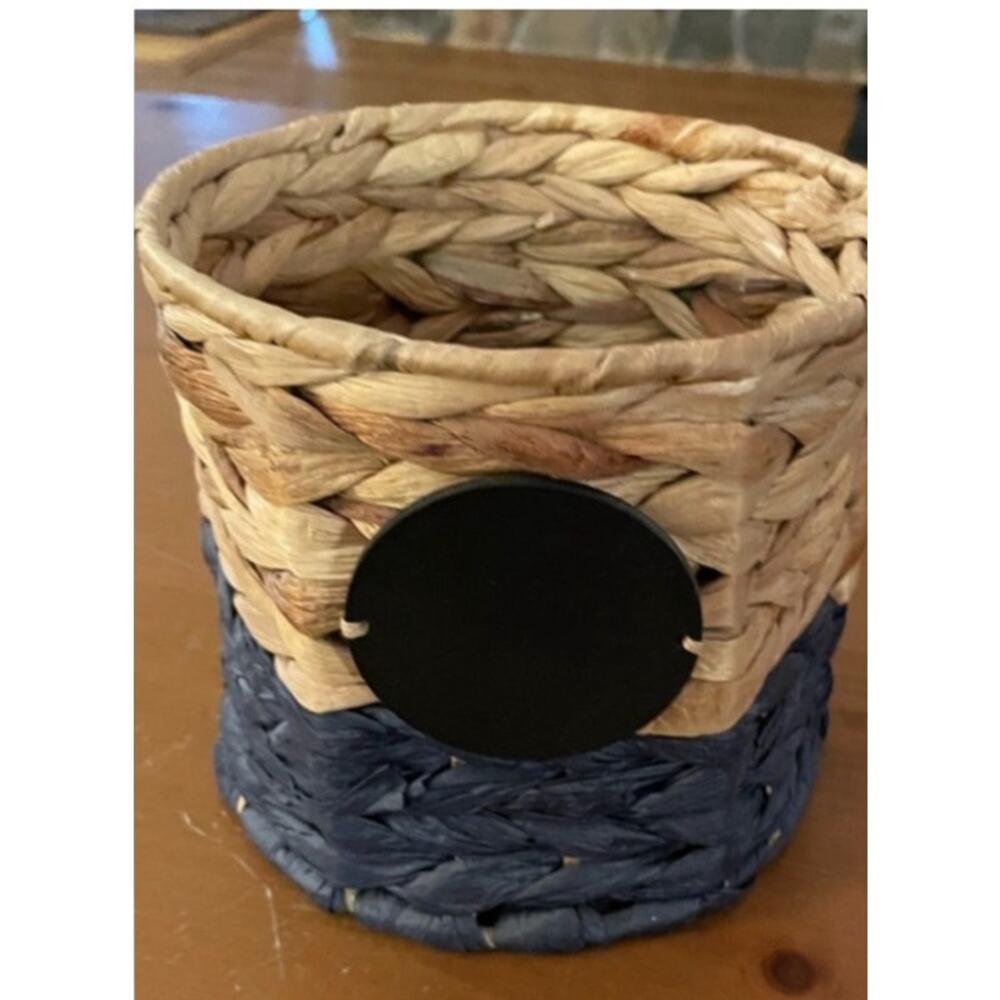Thirty One Storage Basket 6” Tall Tan Blue Woven Wicker New Chalk Sign - Picture 3 of 6